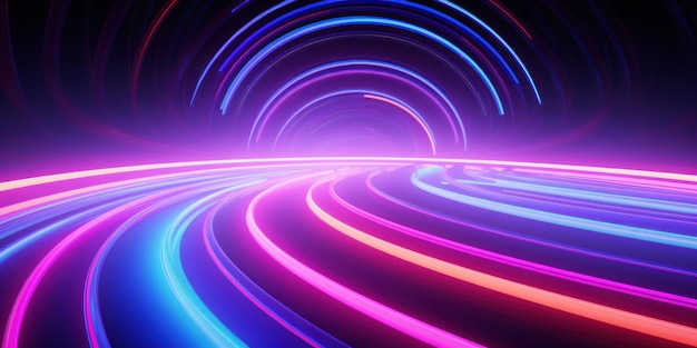 Vibrant neon tunnel bathed in a kaleidoscopic fusion of blue and pink lights engrossing viewers in a visually stunning spectacle AI generative