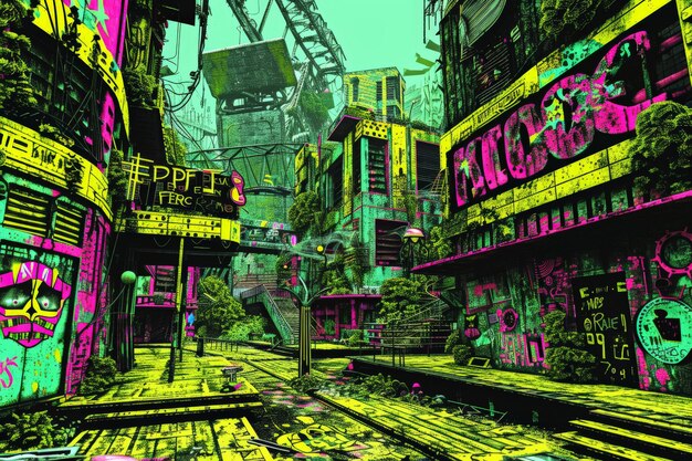 Photo vibrant neoncolored street art scene in a futuristic cityscape with intricate graffiti showcasing urban creativity and cyberpunk aesthetics