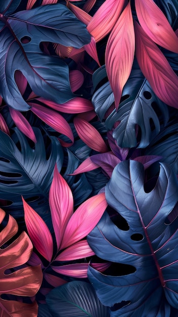 Vibrant neoncolored tropical leaves background in blue and pink hues