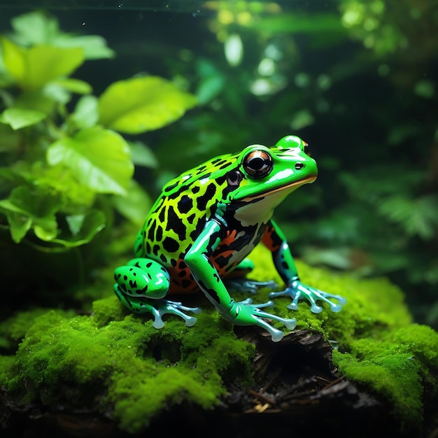 A vibrant neongreen poisonous frog perched atop a lush green leaf in a terrarium