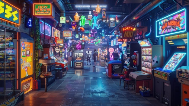 Photo vibrant neonlit arcade with retro and modern games gaming entertainment fun