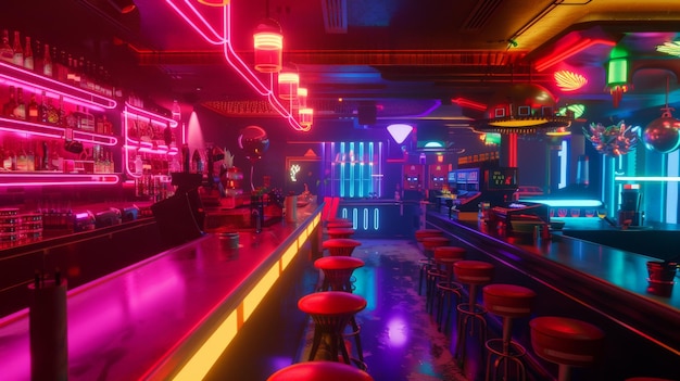 Vibrant neonlit bar interior with colorful lights modern decor and empty stools creating a lively nightlife ambiance