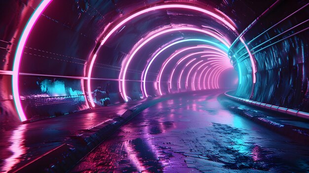 Vibrant NeonLit Futuristic Tunnel with Flowing Curves and Captivating Digital Architectural Design