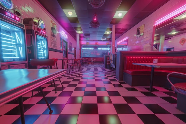 Vibrant neonlit retro diner with classic checkered flooring and vintage decor