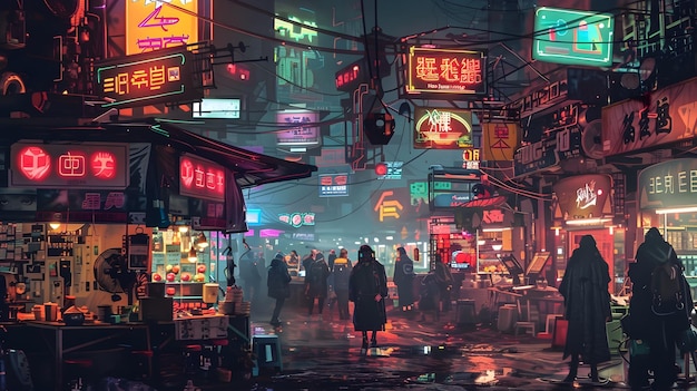 Vibrant NeonLit Street Scene in a Small Cyberpunk City at Night To provide a striking and visually appealing image of a modern futuristic city at