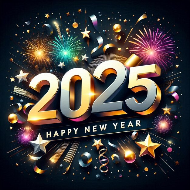 Vibrant New Year 2025 Scene with Bold 3D 2025 and GoldSilver Highlights