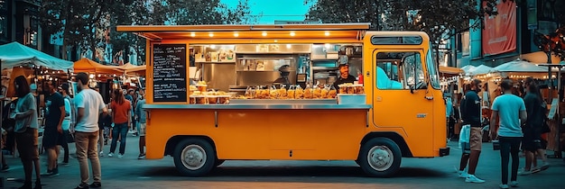 Vibrant Night Market Photo Orange Food Truck Serving Customers Illustration