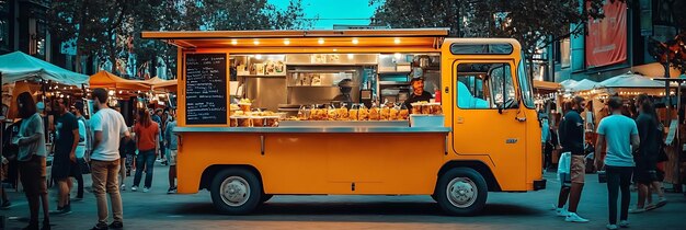 Photo vibrant night market photo orange food truck serving customers illustration