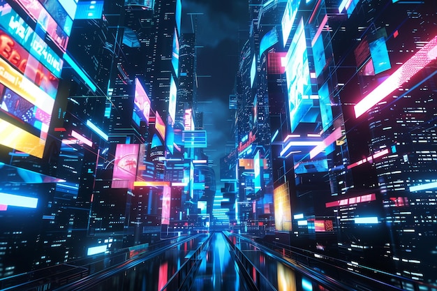 Vibrant night scene of a cyberpunkinspired city with glowing neon billboards