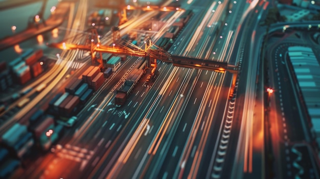 A vibrant night view of a cargo terminal with blurred lights depicting the hustle and bustle of the logistics and transportation activities