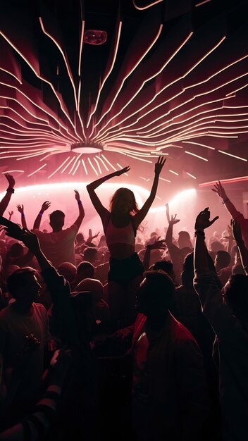 In a vibrant nightclub people dance joyfully at a music festival their silhouettes illuminated by p