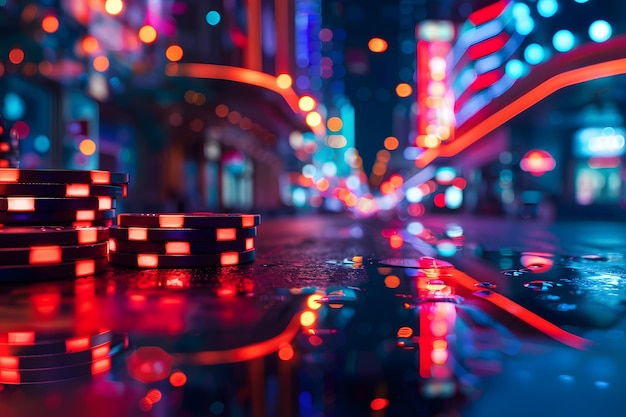 Vibrant Nightlife Neon Lights and Casino Chips Reflecting on Wet Streets