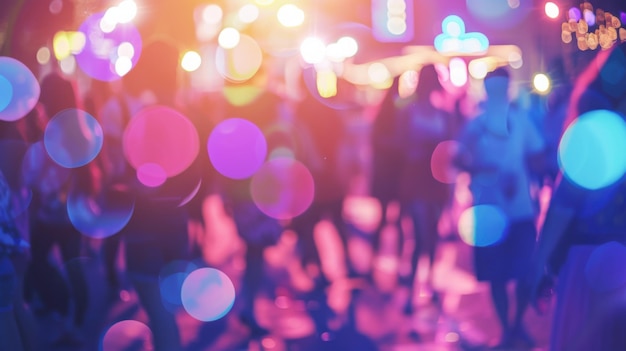 Vibrant Nightlife Scene with Colorful Bokeh Lights and Crowded Festival Atmosphere