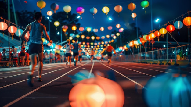 Vibrant Nighttime Relay Race with Illuminated Lanterns and Festive Lights at Festival