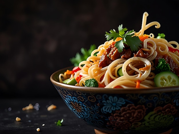 Photo a vibrant noodle dish in an ornate bowl