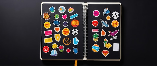 Photo a vibrant notebook covered in colorful stickers against a sleek black background