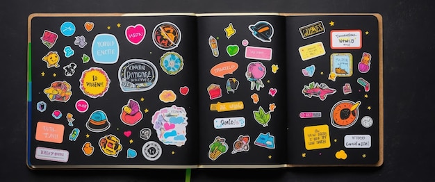 Photo a vibrant notebook covered in colorful stickers against a sleek black background