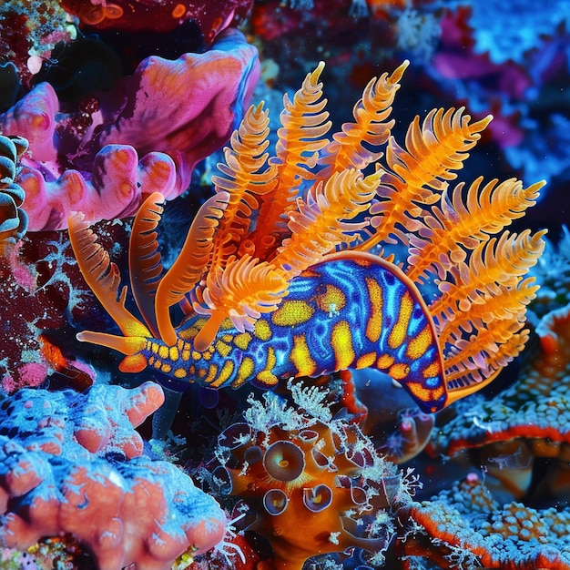 A vibrant nudibranch crawling along a coral reef