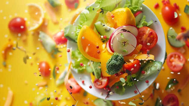 Photo vibrant and nutritious salad ingredients cascading into a bowl against a sunny yellow backdrop