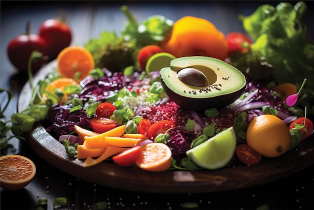 Vibrant and nutritious salad showcasing a colorful array of fresh vegetables and fruits