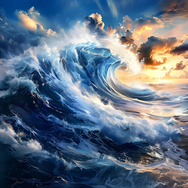 Vibrant Ocean Wave Sunset Illustration To convey the intensity and majesty of ocean waves at sunset in a visually striking and unique way