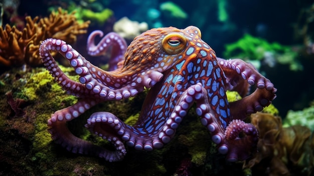 Vibrant octopus in an aquarium showcasing its intricate features