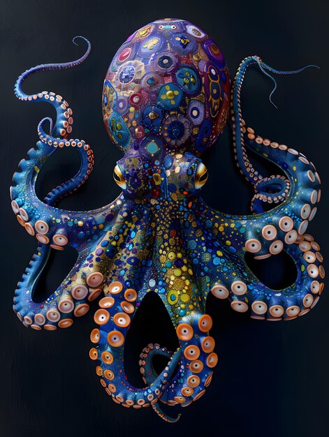 Photo vibrant octopus art on black canvas showcasing marine invertebrate beauty