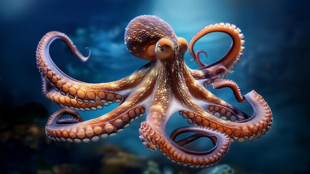 A vibrant octopus with a detailed texture floats serenely in a dark blue underwater scene