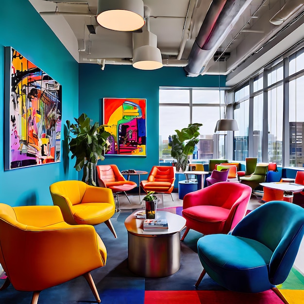 Vibrant Office Interior with Colorful Walls and Bold Artwork