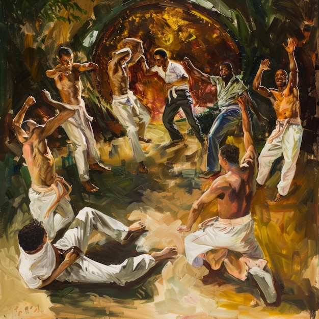 A vibrant oil painting depicting a group of men in white pants practicing