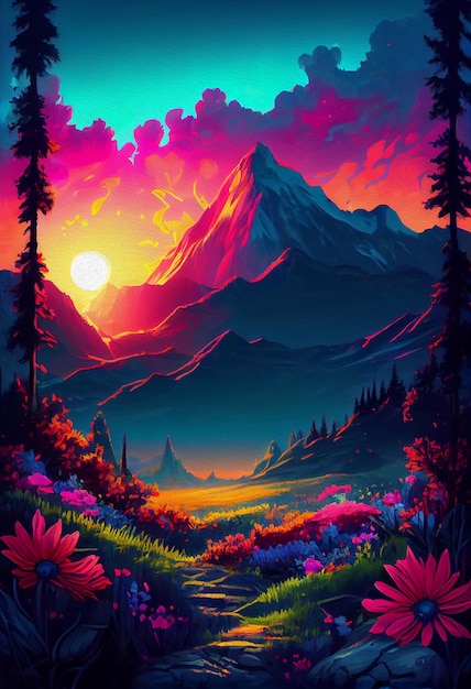 A vibrant oil painting of a landscape featuring forests and mountains Generative AI