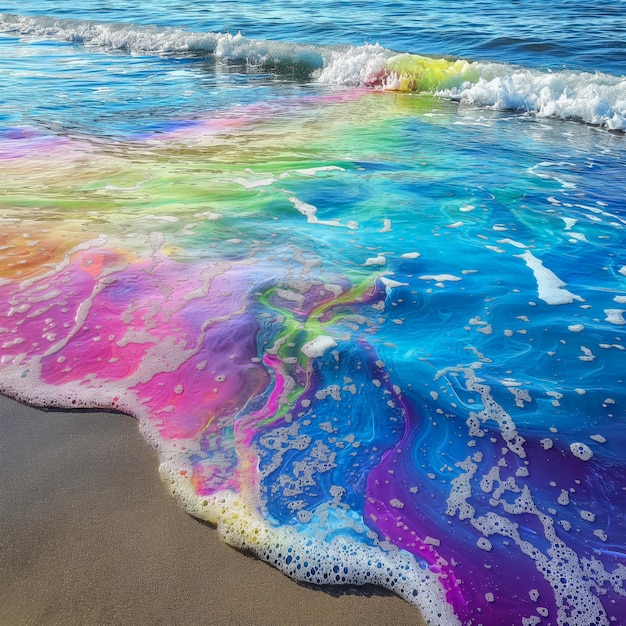 Photo vibrant oil spill on beach sands