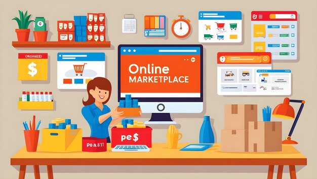 Vibrant Online Marketplace and Home Office Setup Illustration