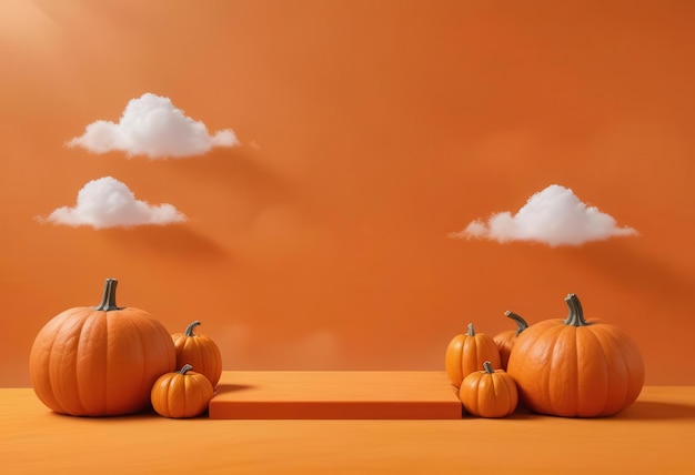 Photo a vibrant orange background features various pumpkins and fluffy white clouds creating