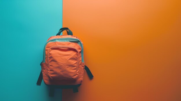 Photo a vibrant orange backpack photographed against a split background of turquoise and orange embodying a trendy and dynamic vibe