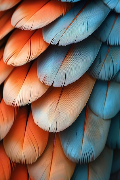 Photo vibrant orange and blue macaw parrot feathers in detailed closeup