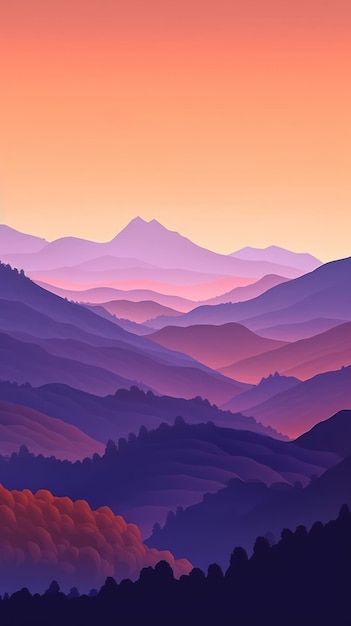 Vibrant Orange and Deep Violet Minimalist Mountain Landscape Wallpaper AI Generated