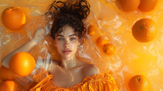 Vibrant Orange Dress Amidst Fresh Oranges and Water Drops