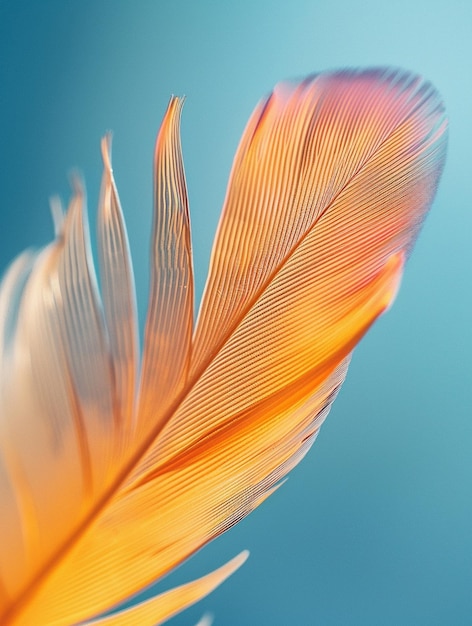 Vibrant Orange Feather CloseUp Against Blue Background