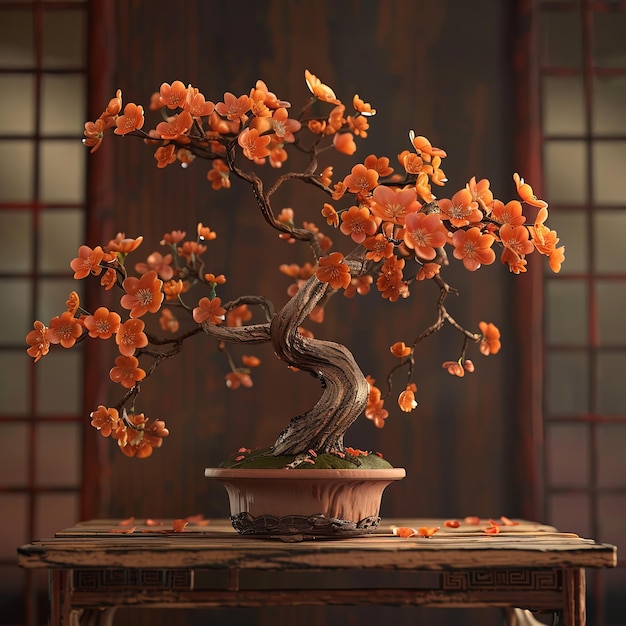 Vibrant Orange Flower Bonsai Art