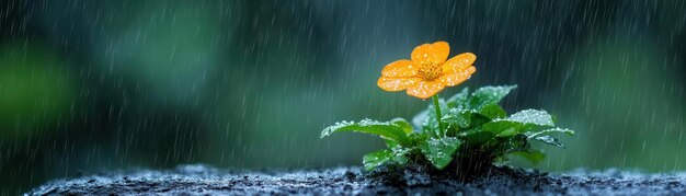 A vibrant orange flower stands out against a backdrop of rain showcasing resilience and beauty in nature39s elements