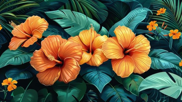 Vibrant Orange Flowers and Green Leaves Painting