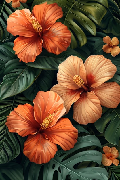 Vibrant Orange Flowers and Green Leaves Painting