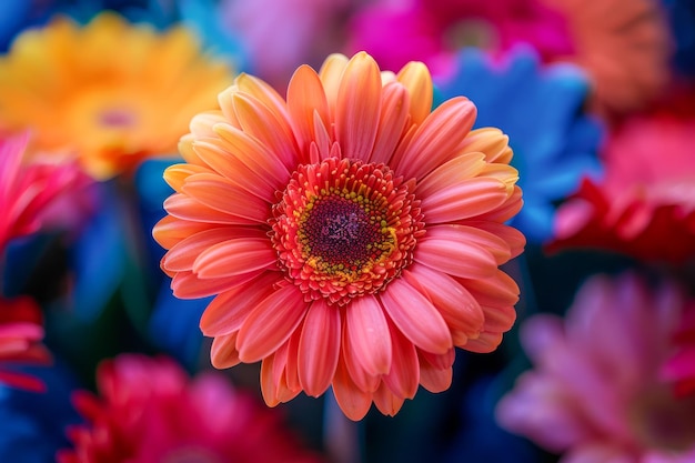 Vibrant Orange Gerbera Daisy CloseUp with Colorful Flower Background