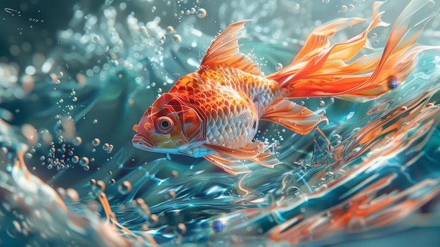 A vibrant orange goldfish swims through a swirl of turquoise water with bubbles