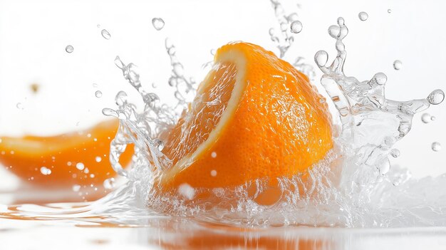 Photo a vibrant orange half splashing into clear water creating dynamic ripples and bubbles