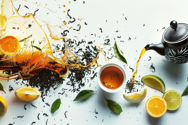 Photo vibrant orange herbal tea splash with fresh oranges and tea leaves in a beautiful teapot capturing