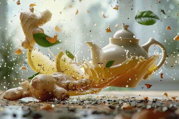 Photo vibrant orange herbal tea splash with fresh oranges and tea leaves in a beautiful teapot capturing