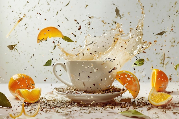 Photo vibrant orange herbal tea splash with fresh oranges and tea leaves in a beautiful teapot capturing