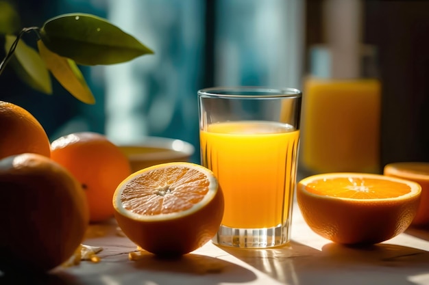 Vibrant Orange Juice and Fresh Ripe Oranges Generative AI